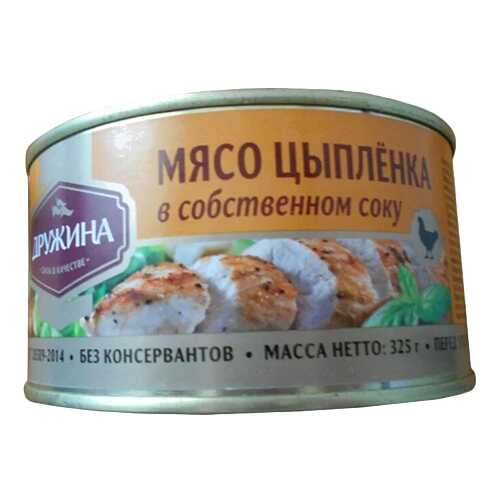 Мясо цыпленка Дружина в собственном соку гост 325 г в Перекресток